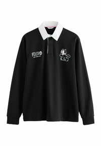 Camisa polo negra de manga larga con cuello blanco. Presenta un gráfico impreso de Felix el Gato y un logo en la parte frontal. Tela de algodón, diseño casual.
