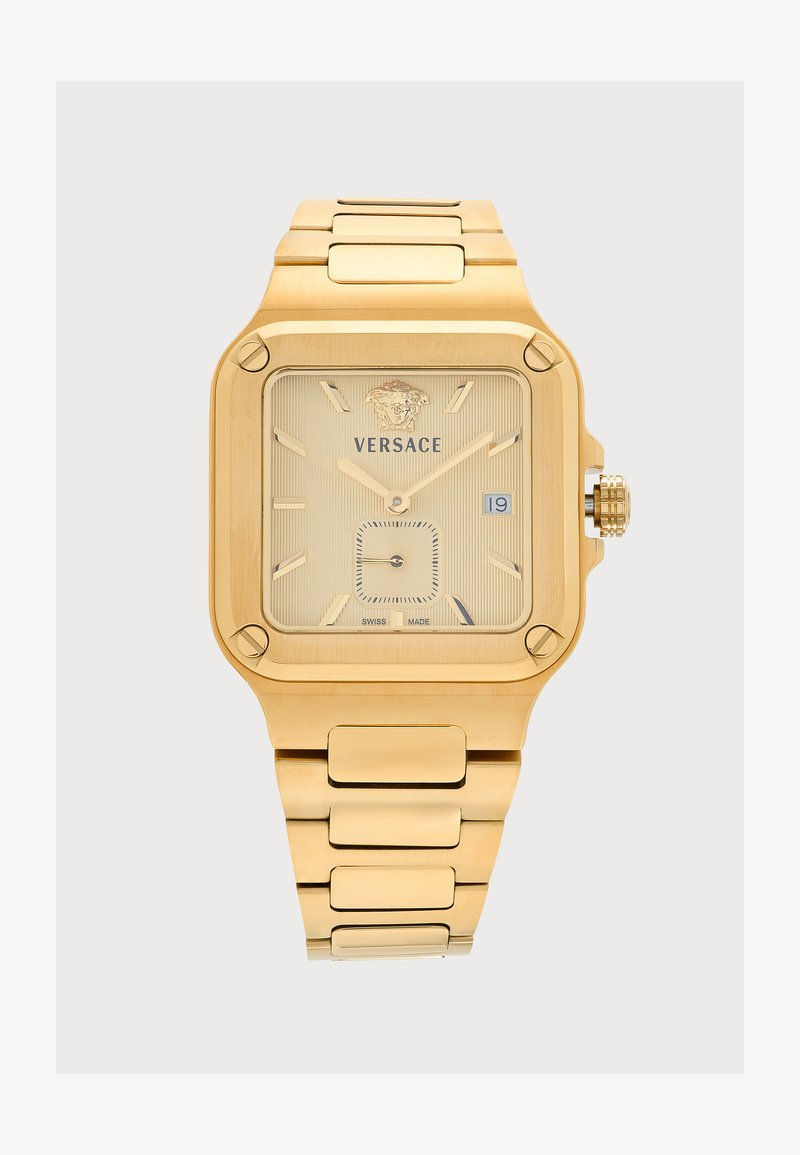 Montre-bracelet Versace en or avec cadran carré, affichage de la date, logo Méduse et bracelet métallique à maillons.
