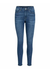 Jean foncé ajusté avec une texture lisse, un design classique à cinq poches et une fermeture à bouton à la taille.