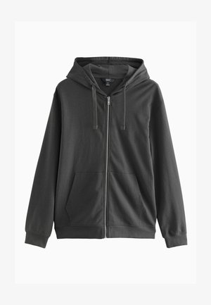 Tmavosivá mikina na zips s kapucňou, sťahovacími šnúrkami, prednými vreckami a rebrovanými manžetami, zobrazená na bielom pozadí.