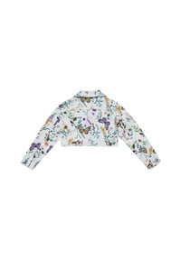 Giacca corta in tessuto bianco con stampa floreale e di farfalle. Presenta maniche lunghe, un colletto e un dettaglio di tasca posteriore.