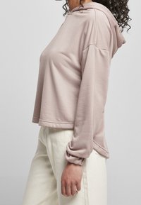 Světle růžová mikina z měkké látky, kratší střih s dlouhými rukávy, přední kapsou a uvolněným siluetou. Vybaveno s kalhotami světlé barvy.