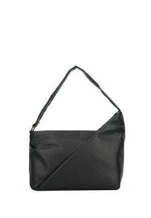 Sac en cuir noir avec une finition texturée, présentant un design angulaire, une seule bandoulière et une fermeture éclair.