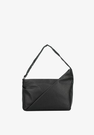 Sac en cuir noir avec une finition texturée, présentant un design angulaire, une seule bandoulière et une fermeture éclair.