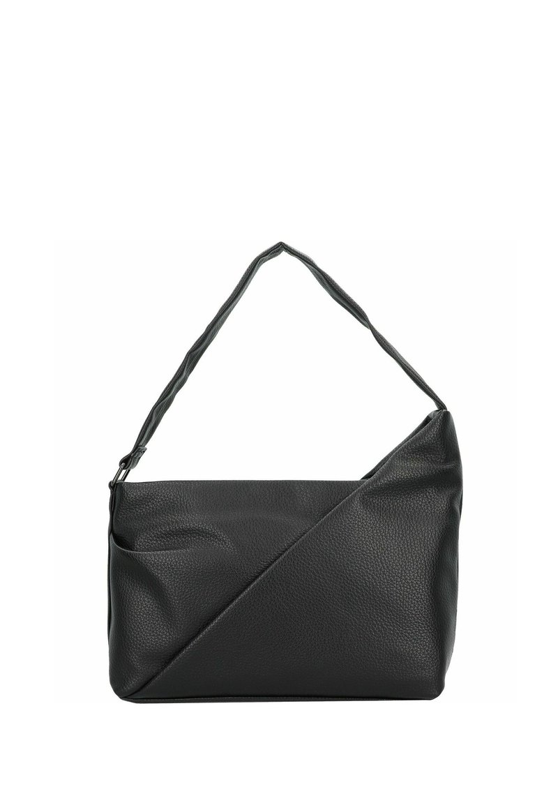 Schwarze Lederhandtasche mit strukturiertem Finish, angularer Form, einem einzelnen Schulterriemen und einem Reißverschluss.