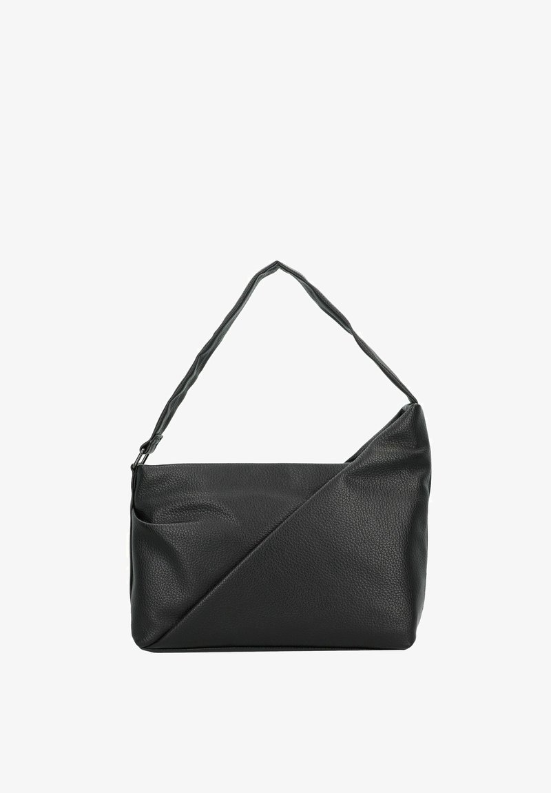 Schwarze Lederhandtasche mit strukturiertem Finish, angularer Form, einem einzelnen Schulterriemen und einem Reißverschluss.
