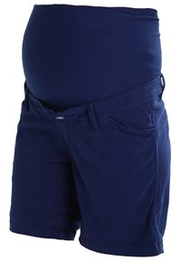 Granatowe szorty ciążowe z miękkim pasem i przednimi kieszeniami. Elastyczny materiał zaprojektowany z myślą o komforcie podczas ciąży.