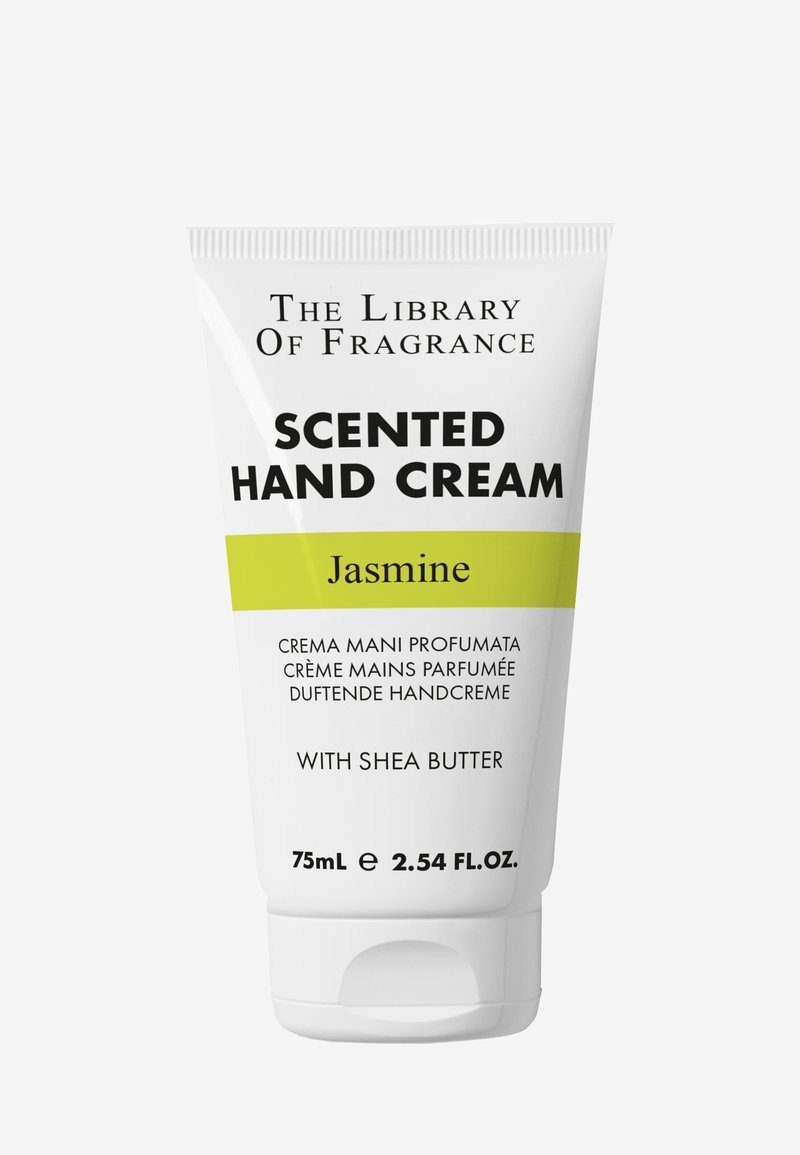 Duftende Handcremetube, 75ml. Weiß mit gelbem Akzent. Der Text enthält "Jasmin" und "mit Sheabutter." Glatte Kunststoffoberfläche.
