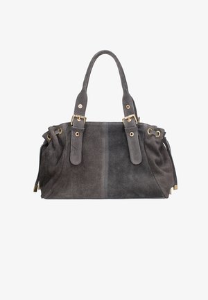 Borsa a tracolla in suede grigio con doppi manici, accessori in oro e dettagli con coulisse. Tessuto morbido e forma strutturata con una leggera lucentezza.