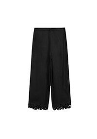 Pantalon noir à jambes larges et coupé court, taille ajustée et détails floraux découpés au laser le long de l’ourlet, présenté sur un fond blanc uni.