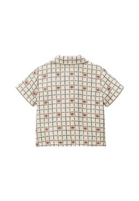 Chemise à col à manches courtes en crème avec un motif à carreaux bleu marine et orange. Offre une coupe décontractée et une texture douce.