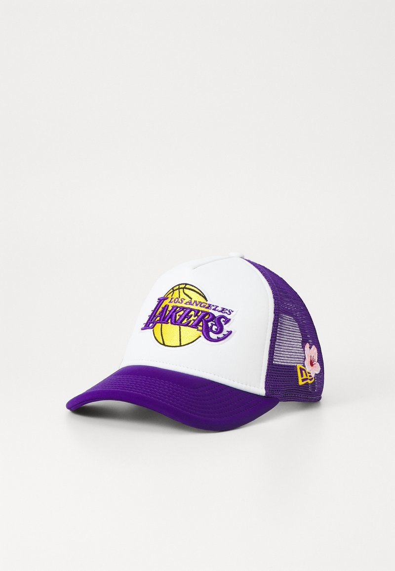 Purple and white baseball cap with embroidered "Los Angeles Lakers" logo, basketball graphic, and mesh backing for ventilation.