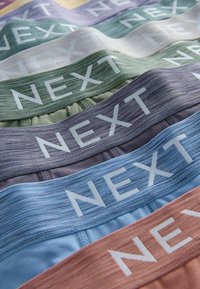 Bandes de sous-vêtements pour hommes multicolores de NEXT dans différentes nuances : bleu foncé, gris, vert et beige, chacune avec une finition texturée et un logo.