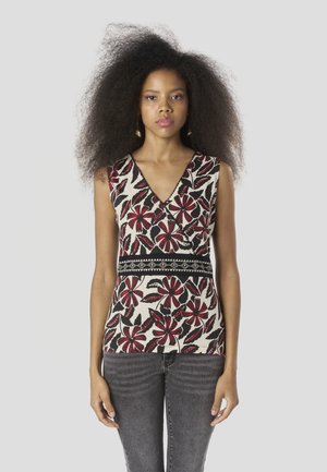 Ärmellose Bluse mit Blumendruck, V-Ausschnitt, schwarzem und rotem Blumendesign auf beigem Hintergrund, akzentuiert mit einem schwarzen Band und weißen Details.