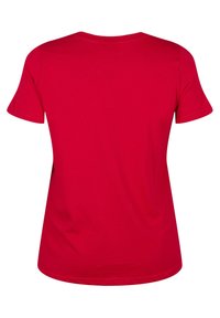 Rød bomulds t-shirt med korte ærmer, rund halsudskæring og lige snit. Glat tekstur uden synlige mønstre eller detaljer.