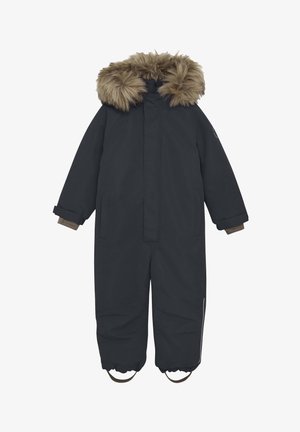 Zwarte waterdichte sneeuwpak met nepbontafwerking op de capuchon, geribbelde manchetten, twee zijzakken en voetstropdassen voor een veilige pasvorm.