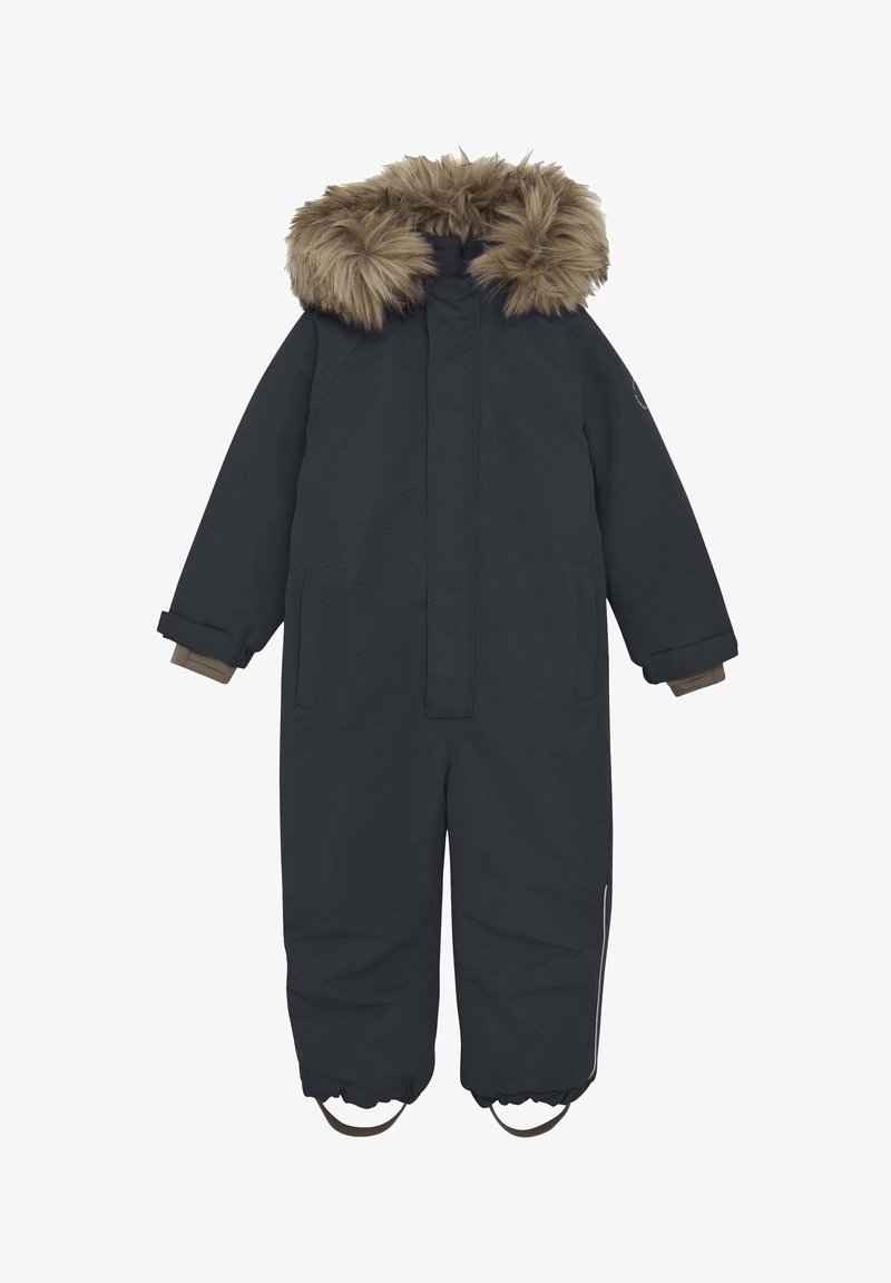 Zwarte waterdichte sneeuwpak met nepbontafwerking op de capuchon, geribbelde manchetten, twee zijzakken en voetstropdassen voor een veilige pasvorm.