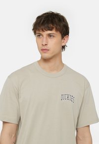 Bežs kokvilnas t-krekls ar īsām piedurknēm, apaļu kakla izgriezumu un mazu izšūtu "DICKIES" logotipu kreisajā krūšu daļā. Gluda tekstūra.