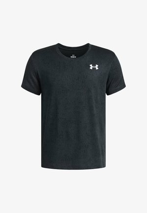 Czarny krótkim rękawem t-shirt Under Armour z okrągłym dekoltem i białym logo na górnej lewej części klatki piersiowej.