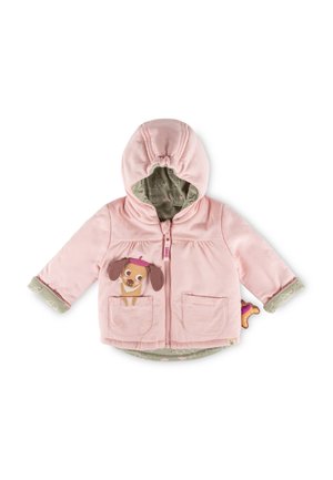 Pink hooded baby jacket with front zipper, two pockets, and a puppy design on one pocket and sleeve cuff lining with light beige pattern.