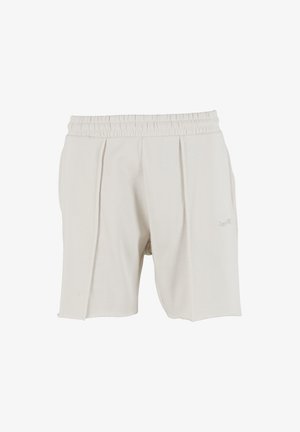 Heledad beeži lühikesed püksid, mis on valmistatud pehmest kangast, varustatud elastse vöökohaga, voldikute ja taskutega külgedel lisanduvate detailidega.