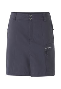 Korte marineblauwe rok van ademend materiaal, met twee knopen, twee zakken en witte stiknaden. Borduursel van het merklogo op de zak.