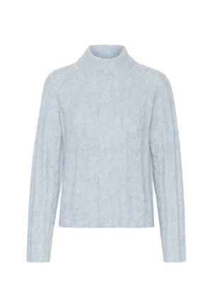 Light blue knitted sweater with a high neckline, featuring textured cable patterns and long sleeves, made from soft, fluffy material.
