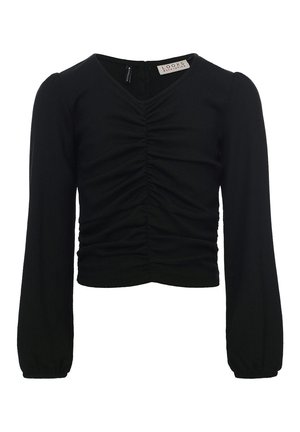 Czarna krótka bluzka z długim rękawem, z marszczonym przodem, dekoltem w kształcie litery V i lekko bufkami na rękawach, z metką LOOKS Revolution przy kołnierzu.