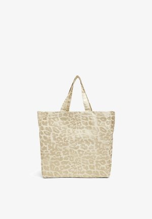 Borsa a tracolla in stampa leopardata beige chiaro con superficie testurizzata e due manici superiori, caratterizzata da una forma rettangolare spaziosa e bordi cuciti.