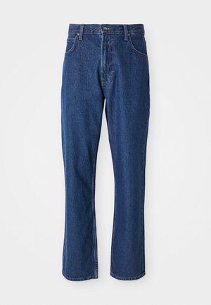 Blaue Jeans aus Denim mit geradem Schnitt, im Five-Pocket-Stil und einem stabilen Bund mit metallener Knopfverschluß.