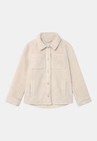 Beige fleece jacket with a collared neck, two front patch pockets, and button closure. Soft texture and long sleeves.