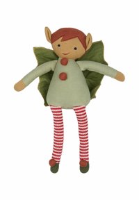 Green fabric doll with pointed ears, red hair, three brown buttons, striped red and white legs, and green shoes. Leaf-shaped wings attached.