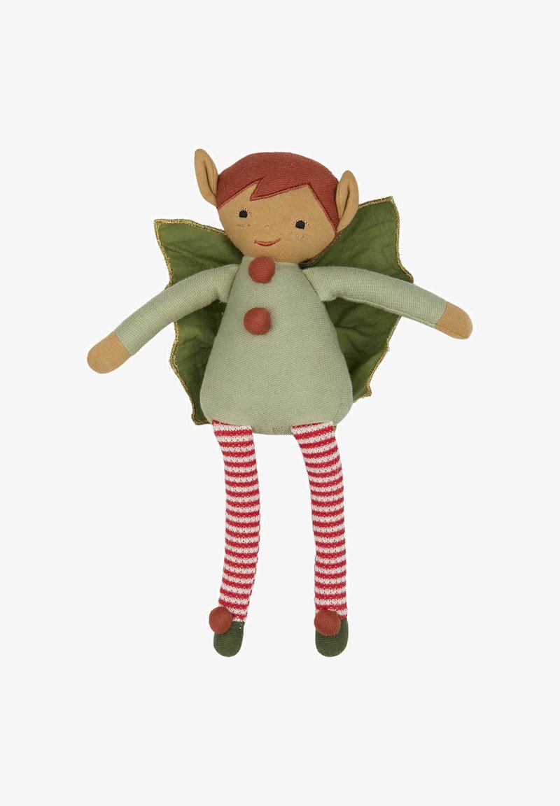 Green fabric doll with pointed ears, red hair, three brown buttons, striped red and white legs, and green shoes. Leaf-shaped wings attached.