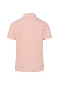 Kurzarm-Poloshirt aus leichtem pinken Baumwollstoff, mit kragen und schlichter Optik, geradem Saum und weicher Textur.