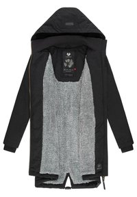 Crna jakna s kapuljačom, koja ima mekani sivi unutarnji sloj, prednji zipper, rebraste manžete i logo na rubu. Vidljiva teksturirana tkanina.