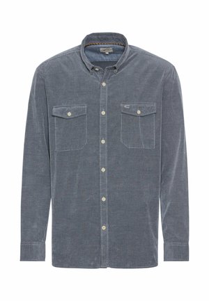 Donkerblauw corduroy overhemd met lange mouwen, voorzien van een button-down kraag, twee borstzakken en witte knoopdetails. Gestructureerde stof.