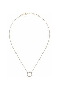 Collana placcata in oro con una fine catena, caratterizzata da un ciondolo circolare decorato con piccoli diamanti chiari. Inclusa chiusura regolabile.