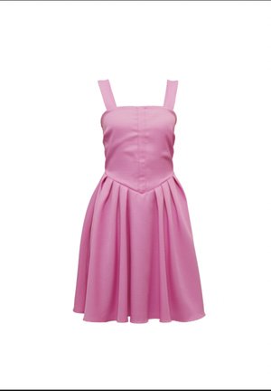 Pink dress with a fitted bodice and adjustable spaghetti straps. Features pleated skirt, smooth texture, and a subtle sheen.