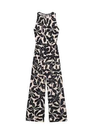 Beżowy kombinezon w kwiatowy wzór z czarnymi liśćmi, bez rękawów, z zaznaczoną talią i szerokimi spodniami. Gładka tekstura materiału.