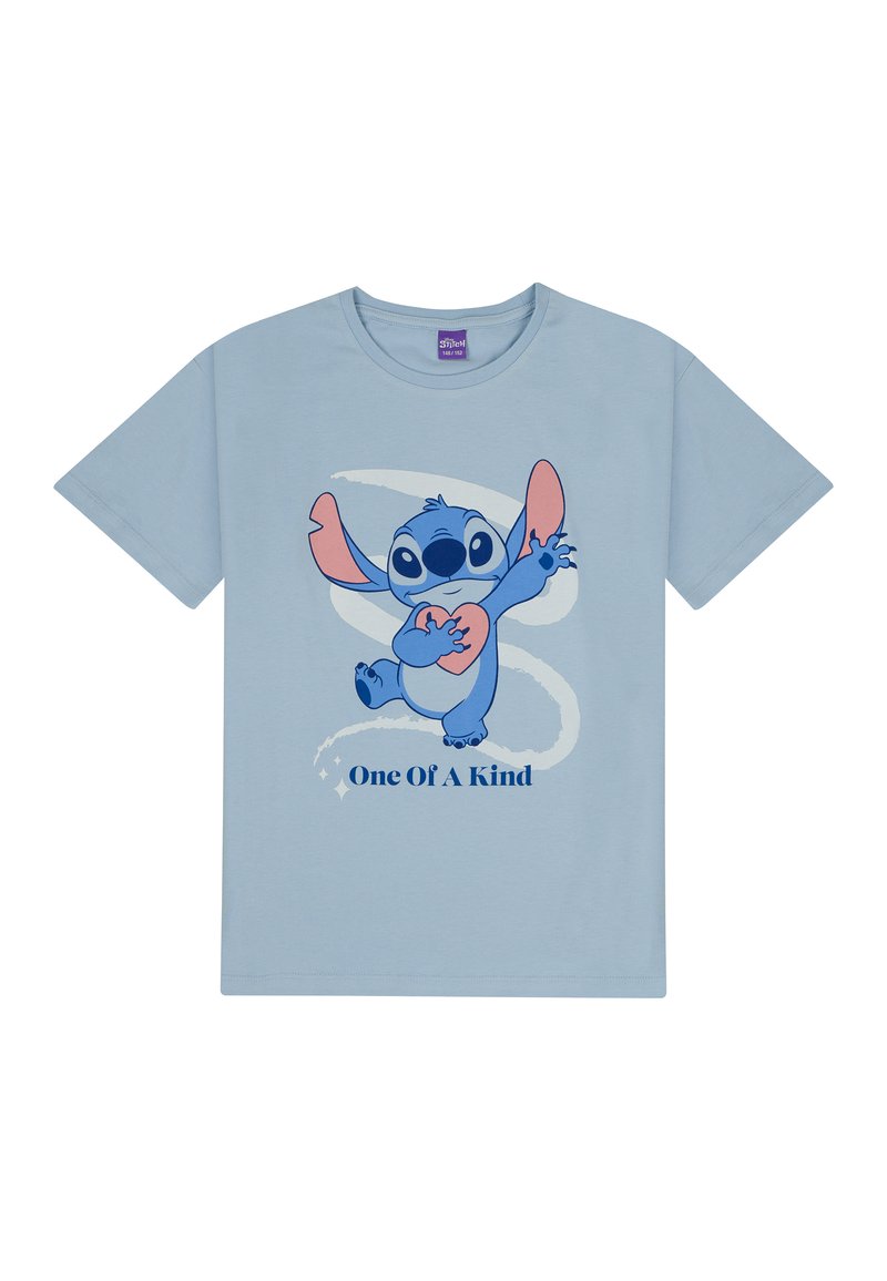 Camiseta de algodón azul claro con un gráfico de Stitch con orejas y brazos rosas, sosteniendo un corazón, acompañado del texto "Único en su especie".