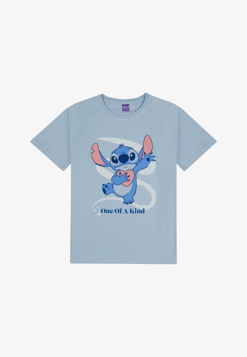 T-shirt en coton bleu clair avec un graphique de Stitch aux oreilles et bras roses, tenant un cœur, accompagné du texte "Unique."