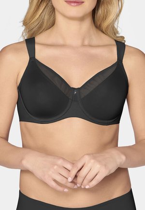Soutien-gorge noir à armatures avec des détails en mesh transparent et des bretelles réglables. Présente un design de coupes lisses et un petit accent matériel décoratif au centre.
