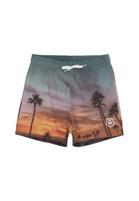 Simshorts med tryck av palmträd vid solnedgång. Tillverkade av lättviktigt tyg, med resårmidja och vit dragsko.