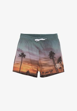 Bañador con un estampado de palmeras al atardecer. Está hecho de una tela ligera, con una cinturilla elástica y un cordón blanco.