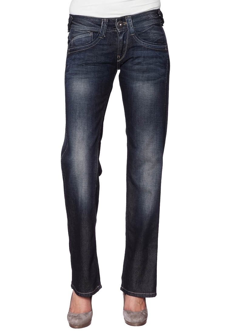 Mörkblå denimjeans med rak benform, med framfickor, synliga söm detaljer och en lätt blekning.