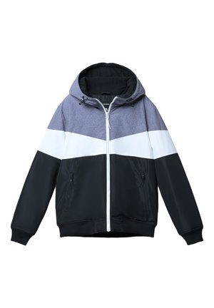 Giacca con cappuccio caratterizzata da chiusura con zip, design a blocchi di colore in grigio, bianco e nero, e due tasche laterali con zip.