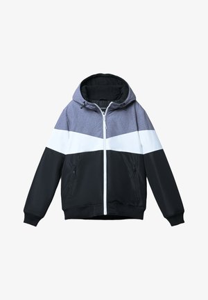 Giacca con cappuccio caratterizzata da chiusura con zip, design a blocchi di colore in grigio, bianco e nero, e due tasche laterali con zip.
