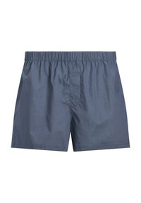Pilkos maudymosi šortai, pagaminti iš lengvo audinio, su elastinga juosmeniu, klasikine forma ir glotnia tekstūra be matomų raštų.