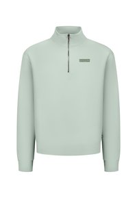 Lichtgroene pullover met kwart-rits van zacht materiaal, met ribgebreide manchetten en zoom. Bevat een klein "BALLIN" logo op de borst.