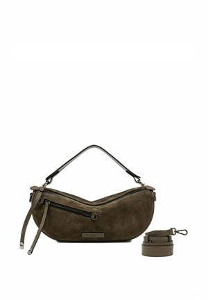 Borsa in suede verde oliva scuro con forma curva. Presenta una chiusura con zip, una tracolla removibile e dettagli hardware minimalisti.